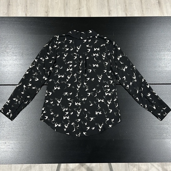 Express Bird Print Sheer Button Up Long Sleeve with Rolled Sleeve Tabs - XS - Picture 7 of 11